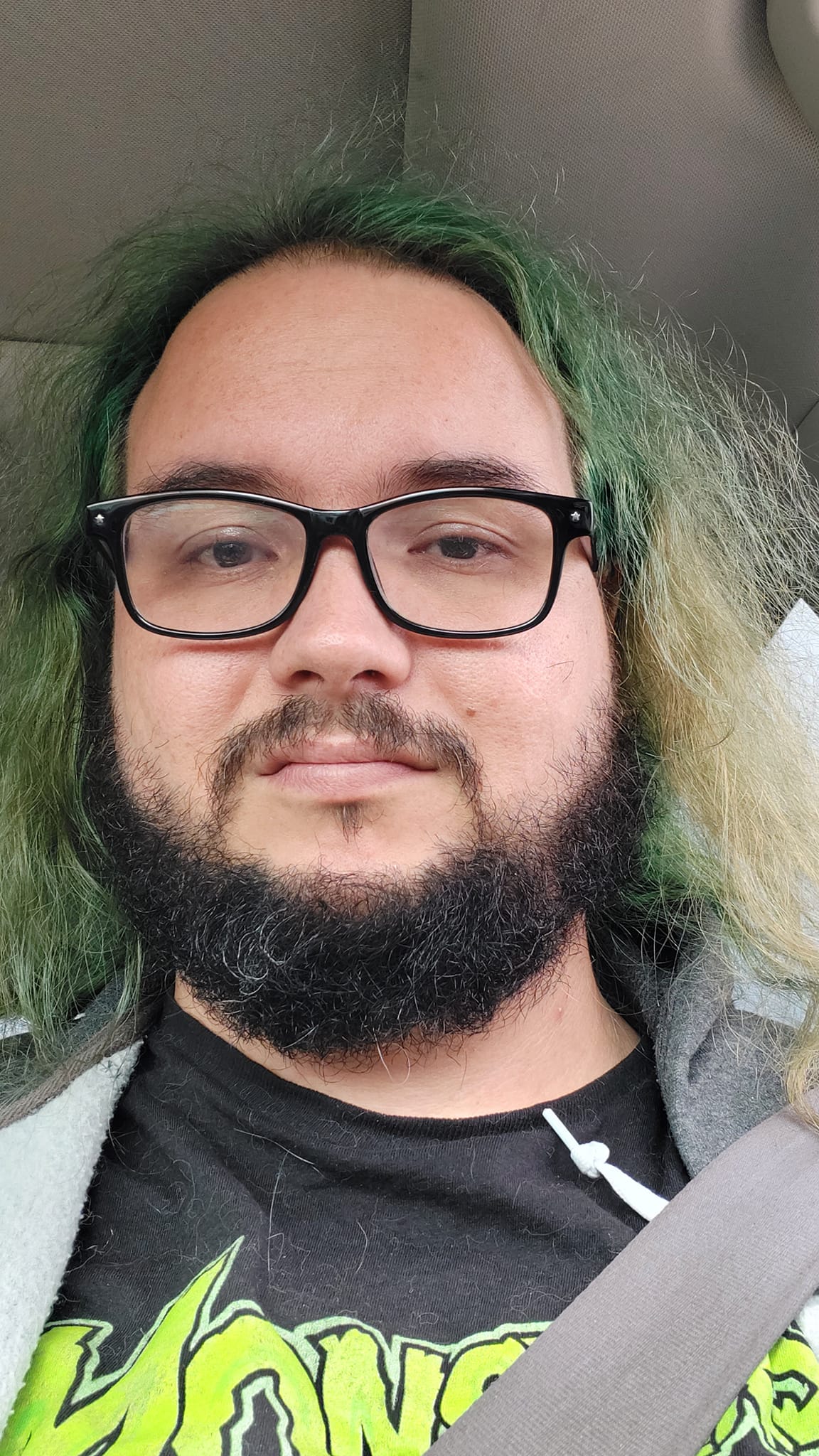 A man with long green hair and a beard sits in a car with seatbelt done up